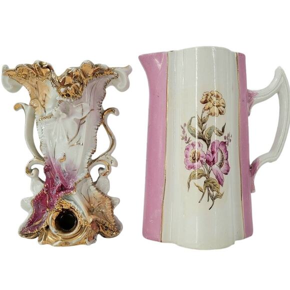 Coquette Pink Gilded Vase Pitcher Lot Romantic Cottagecore Vintage Shabby Chic - Picture 1 of 12
